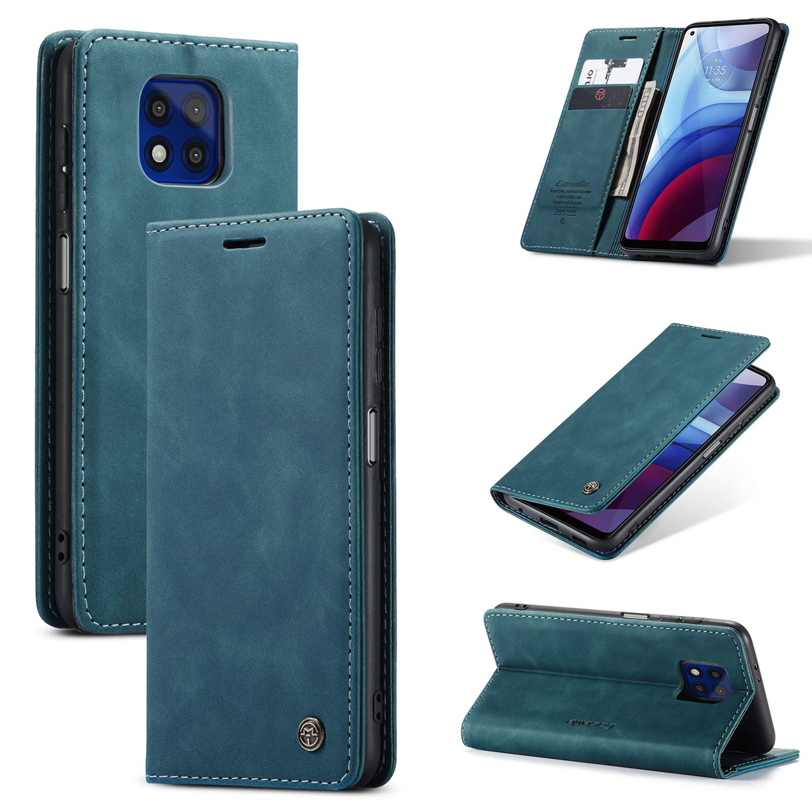 CaseMe Leather Case for Moto G Power 2021, Anti-Fall Retro Handmade Leather Magnetic Wallet Flip case with Kickstand and Cash Slot/Card Slots for Moto G Power 2021 (Blue)