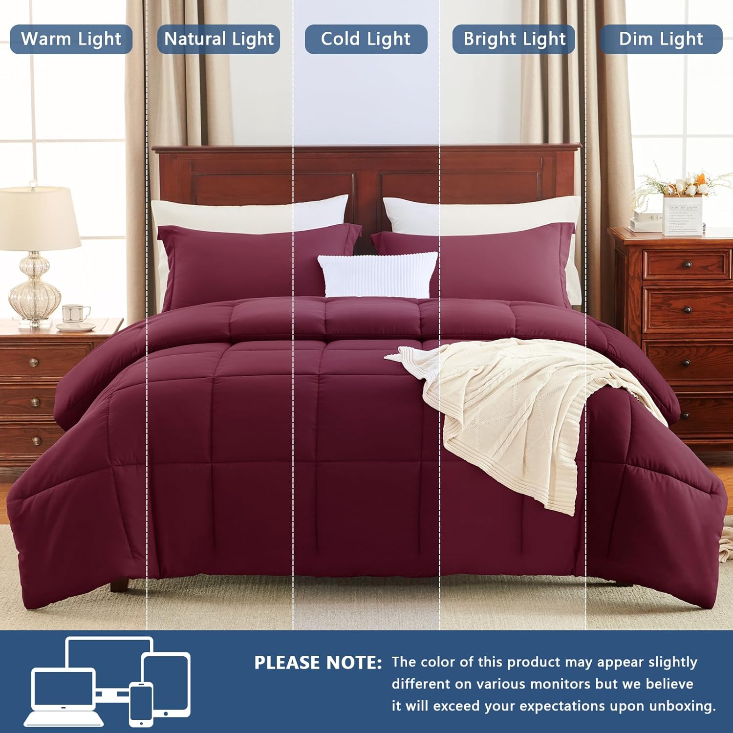 CozyLux Full Size Comforter Sets - Burgundy Comforter Full Size, 3 Pieces Box Stitched Bed Set for All Seasons, Soft Lightweight Bedding Sets with 1 Down Alternative Comforter and 2 Pillow Shams - Image 5