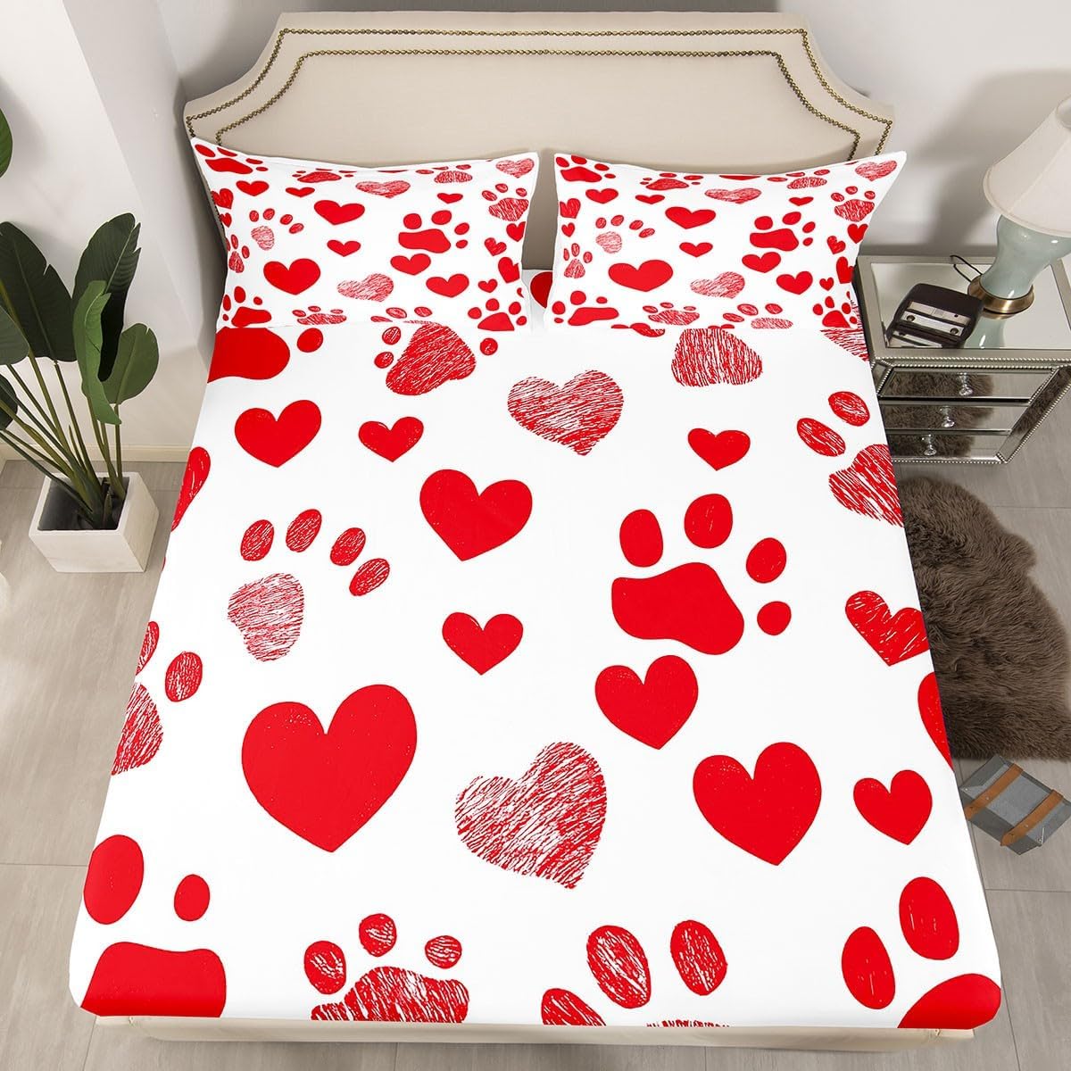 Couple Fitted Sheet Set Full Cat Dog Paw Print Bedding Sets Red Love Heart Valentine's Day Wedding Bed Sheets Hand Draw Top Sheet Room Decor Gifts For Girls Boys Adult Men Women 2 Pillow Cases