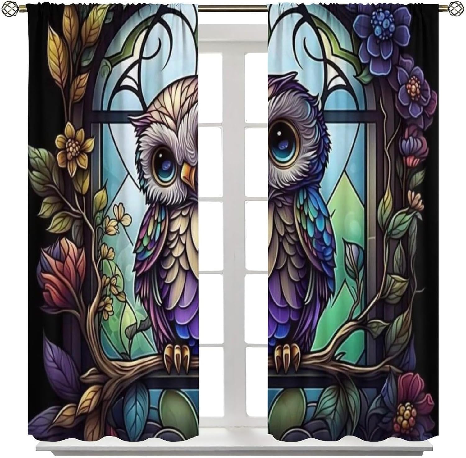 Funny Owl Blackout Window Curtain Owl Stained Glass Mushroom Spring for Home Kitchen Livingroom Coffee Room Window Curtain 2Panel 42" W X 54" L