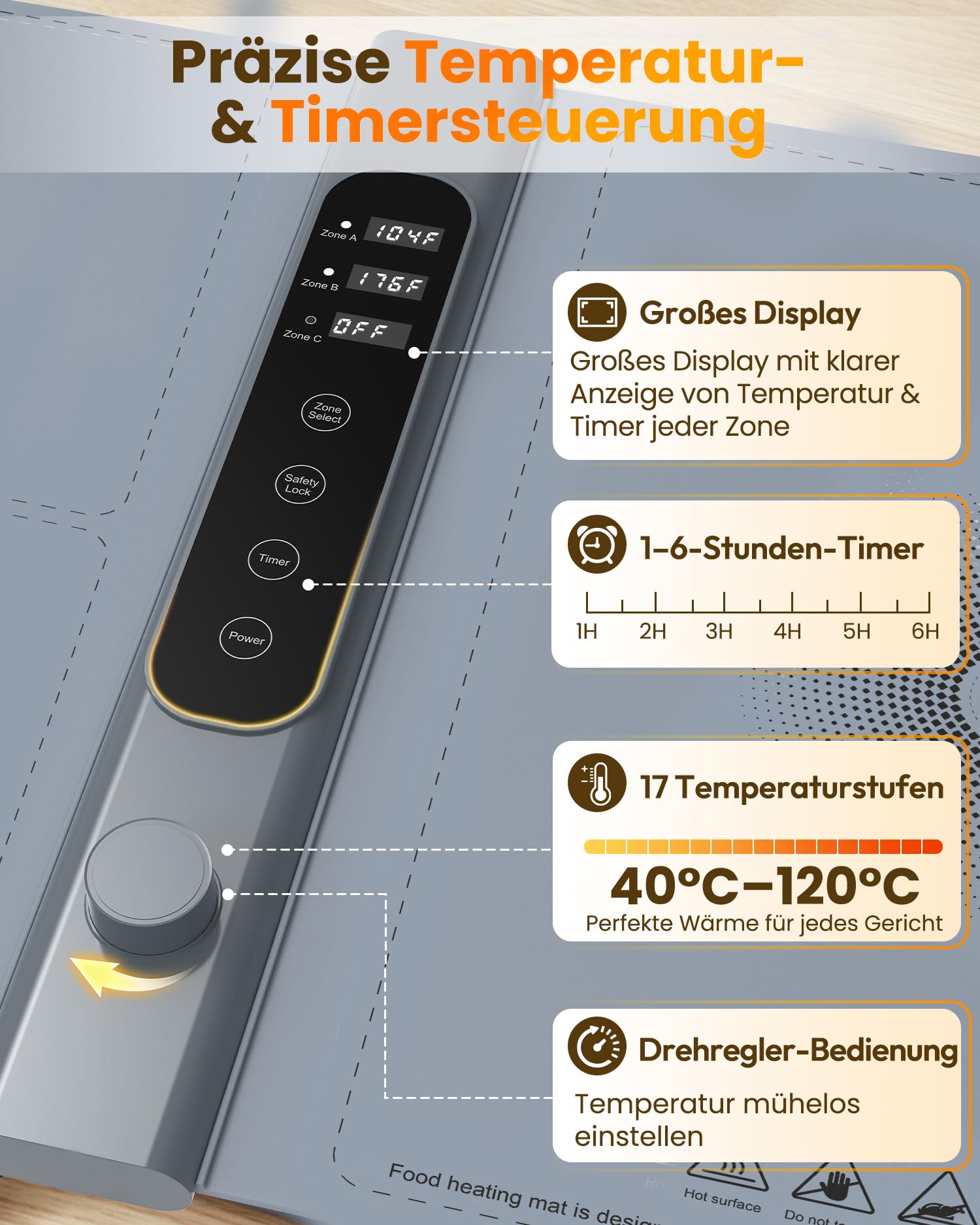 3-Zonen unabhängige Warmhalteplatte für Speisen 101×43 cm XXL | Elektrische Speisenwärmer mit 17 Temperaturstufen 6h Timer,Silikon-Rollbarer Buffetwärmer Wärmeplatte Essen für Party-Buffets