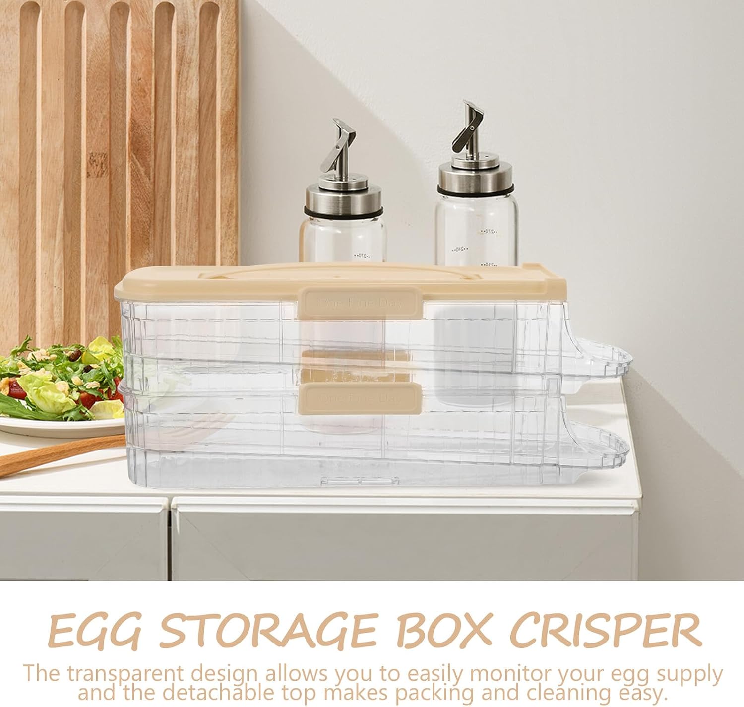 Stackable Plastic Egg Holder for Refrigerator Side Door Rolling Egg Organizer Tray with Lid 2-tier Cream White for Kitchen Fridge