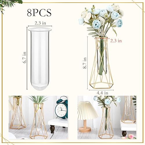 Miniatura 2 de Roshtia Juego de 8 jarrones dorados para centros de mesa, jarrones de tubo de ensayo geométricos de metal, moderno soporte de flores hidropónicas