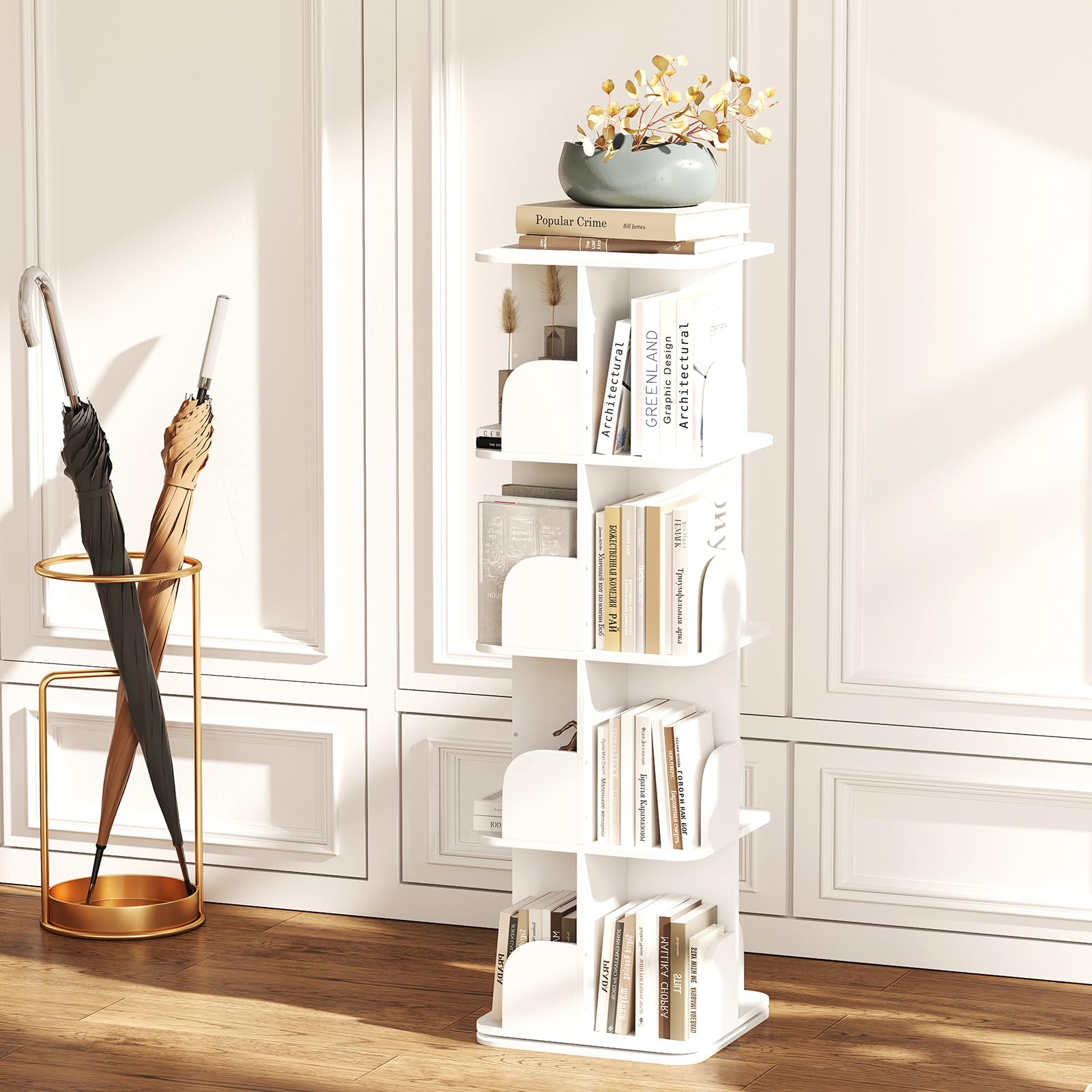ybaymy Estantería giratoria de 4 pisos, de madera maciza, estantería decorativa, 360°, estantería de oficina, estantería decorativa, estantería de pie, estantería de pie para CD/DVD, estantería