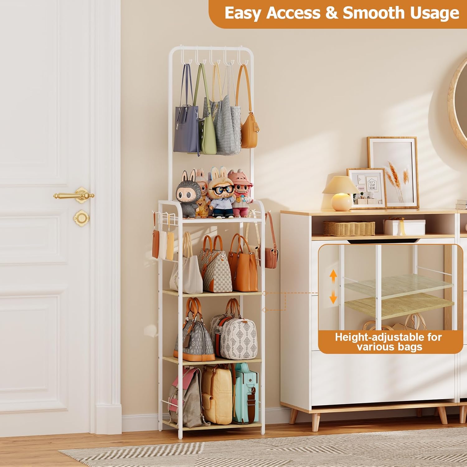 Tall Purse Organizer Stand with 3-Tier Thick Wood + 1-Tier High-Density Mesh, Adjustable Interchangeable, Slim Narrow Freestanding Handbag Rack with 5 Large & 6 Side Hooks, Closet Bag Storage White - Image 3
