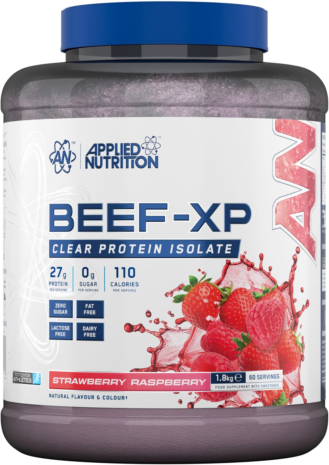 Applied Nutrition Beef XP - Clear Hydrolysed Beef Protein Isolate, Fruit Juice Style, Dairy Free Beef Protein Powder, Lactose Free, Zero Sugar, Low Fat, 1.8kg - 60 Servings (Strawberry & Raspberry)