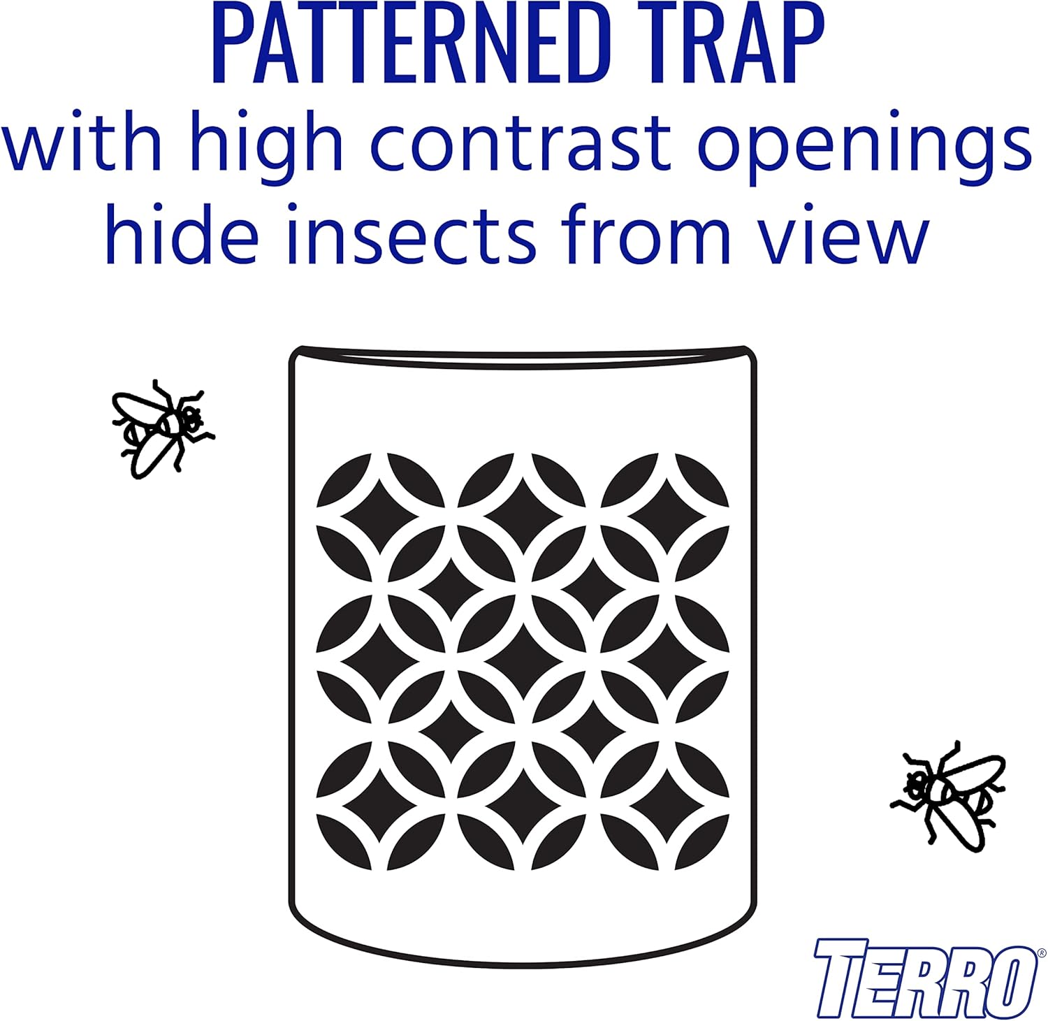 Graphic of the TERRO T550 trap's patterned housing and dark glue board, designed to hide trapped insects from view.
