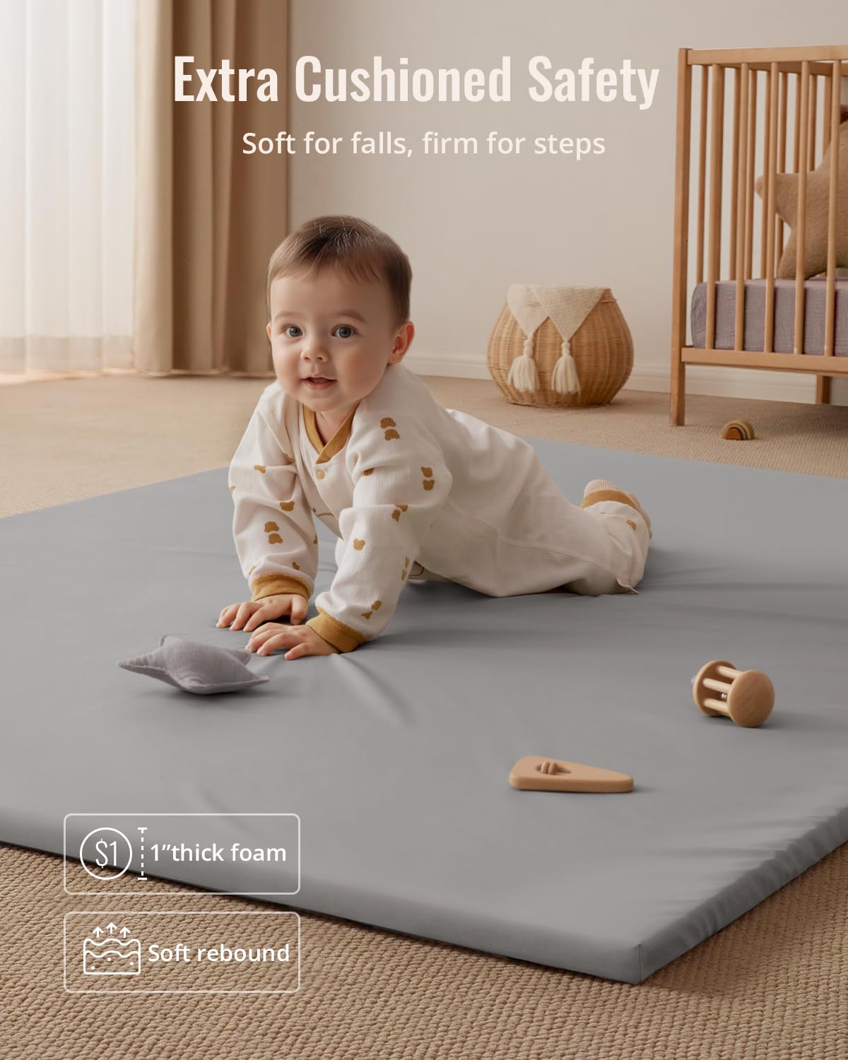 Blissful Diary Vegan Leather Baby Play Mat, 71x59 Thicken Foam Cushioned & Waterproof Playpen Mat for Infants and Toddlers, Stylish and Just Wipe-Clean Playmat for Baby Play on Floor, Light Gray