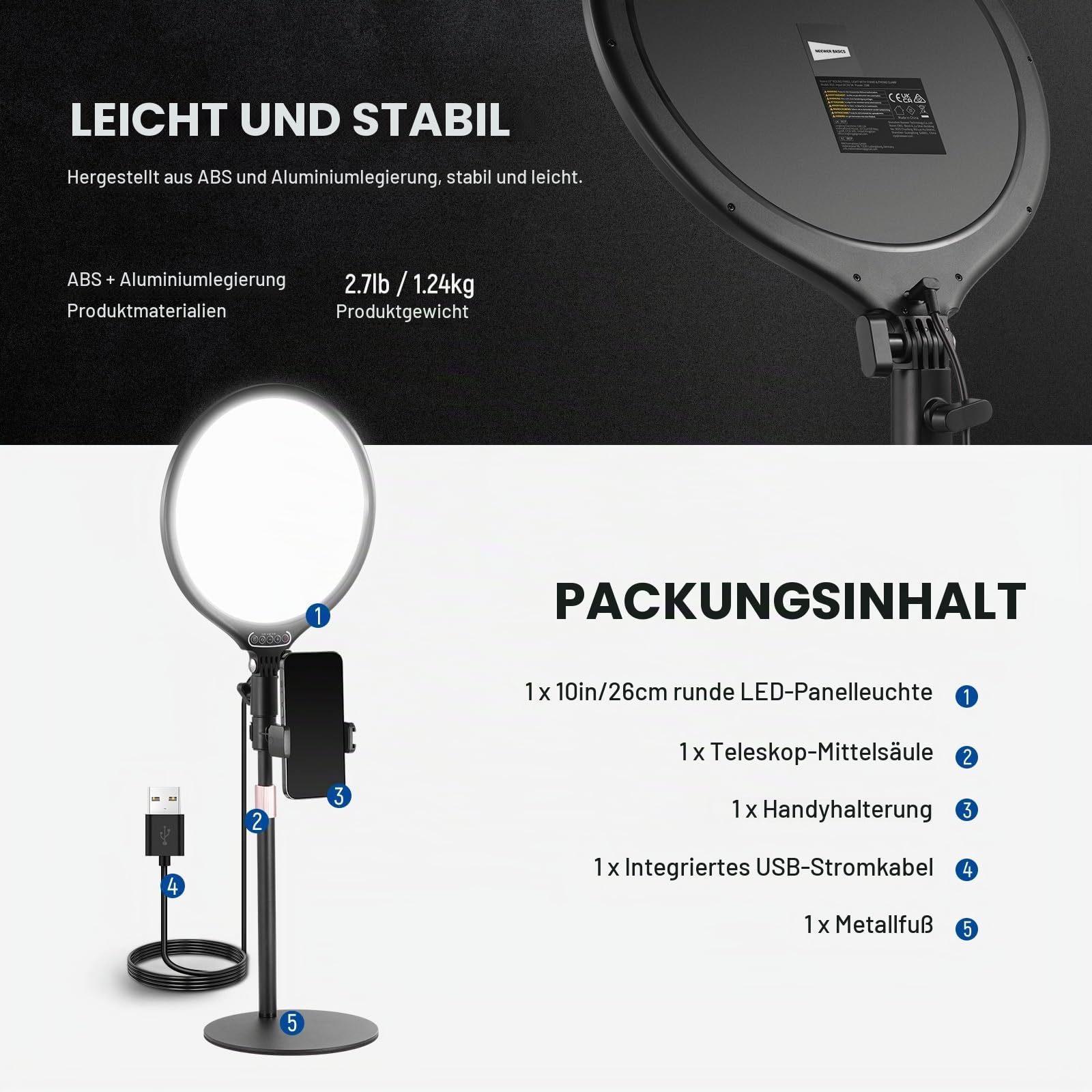 NEEWER Basics 10,5" Tischringlicht mit Ständer Handyhalterung Timer, Vollbild 15W dimmbar LED Selfie Panel Beleuchtung für iPhone Aufnahmen Streaming Laptop Videokonferenzen, Nur Strom über USB A, R10