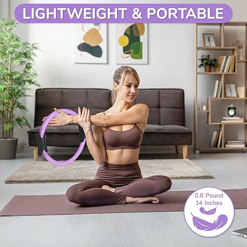 Miniatura 2 de TOPZGLEEY Juego de anillos de pilates  Círculo mágico antideformación de 14 pulgadas con asas acolchadas, mini bola, 5 bandas de resistencia, guía,