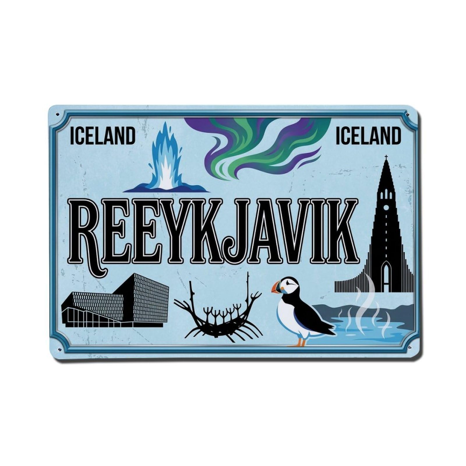 Cxhjca 8X12inch(20X30cm) Vintage Travel Reykjavik Iceland Geyser Aurora Metal Tin Sign