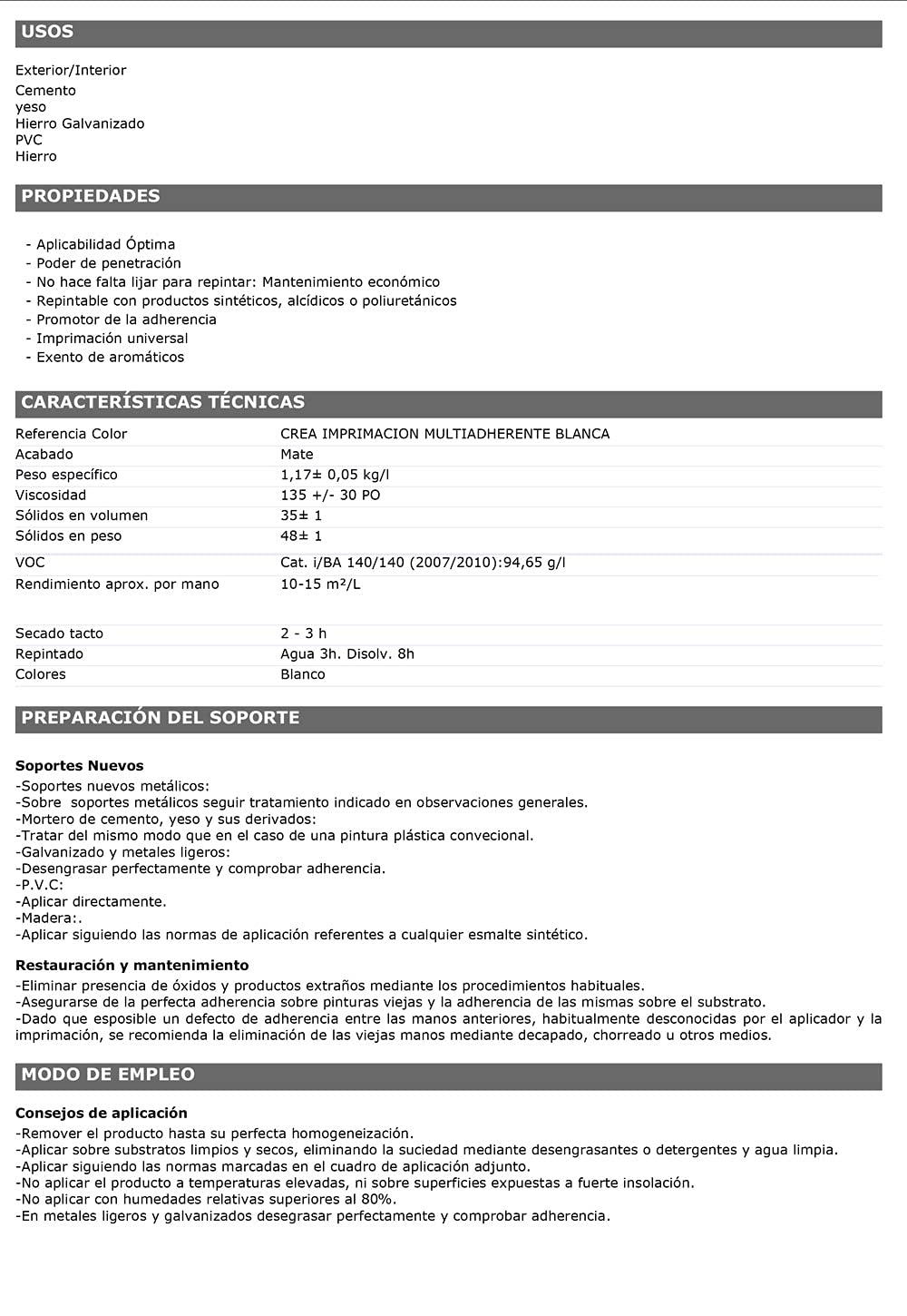 Imprimación al Agua color Blanco para Soportes Galvanizados, Metales no Férreos, Plástico, PVC, Madera, Yeso, Cemento. Imprimación Multiadherente Gama Crea (500ml)