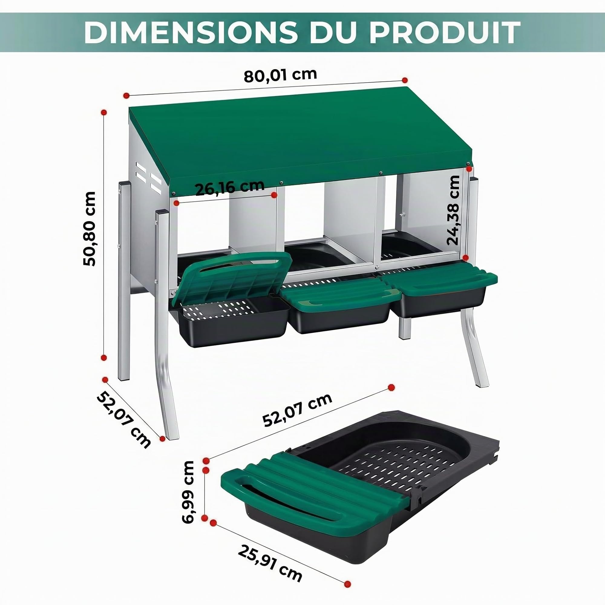 Pondoir à œufs Roulant 3 Compartiments, Métal Galvanisé, Toit Ventilé, Bac Amovible, pour Poulailler Et Basse-Cour