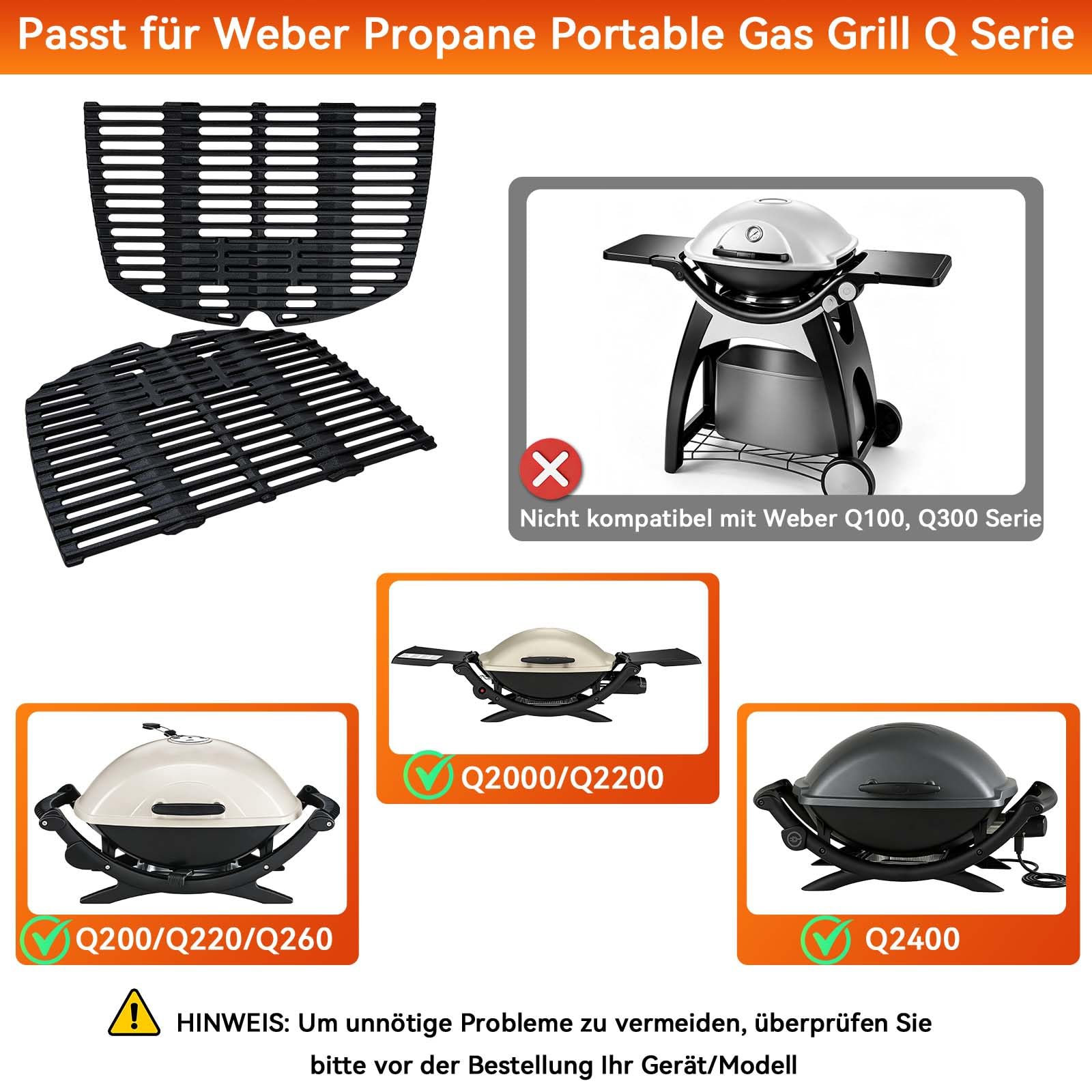 7645 - Griglia in ghisa per Weber Q200, Q220, Q260, Q2000, Q2200, Q2400 | Griglia per barbecue Weber Baby-Q serie 200 65811, 27,3 x 38,8 cm, con rivestimento antiaderente su misura, 2 pezzi