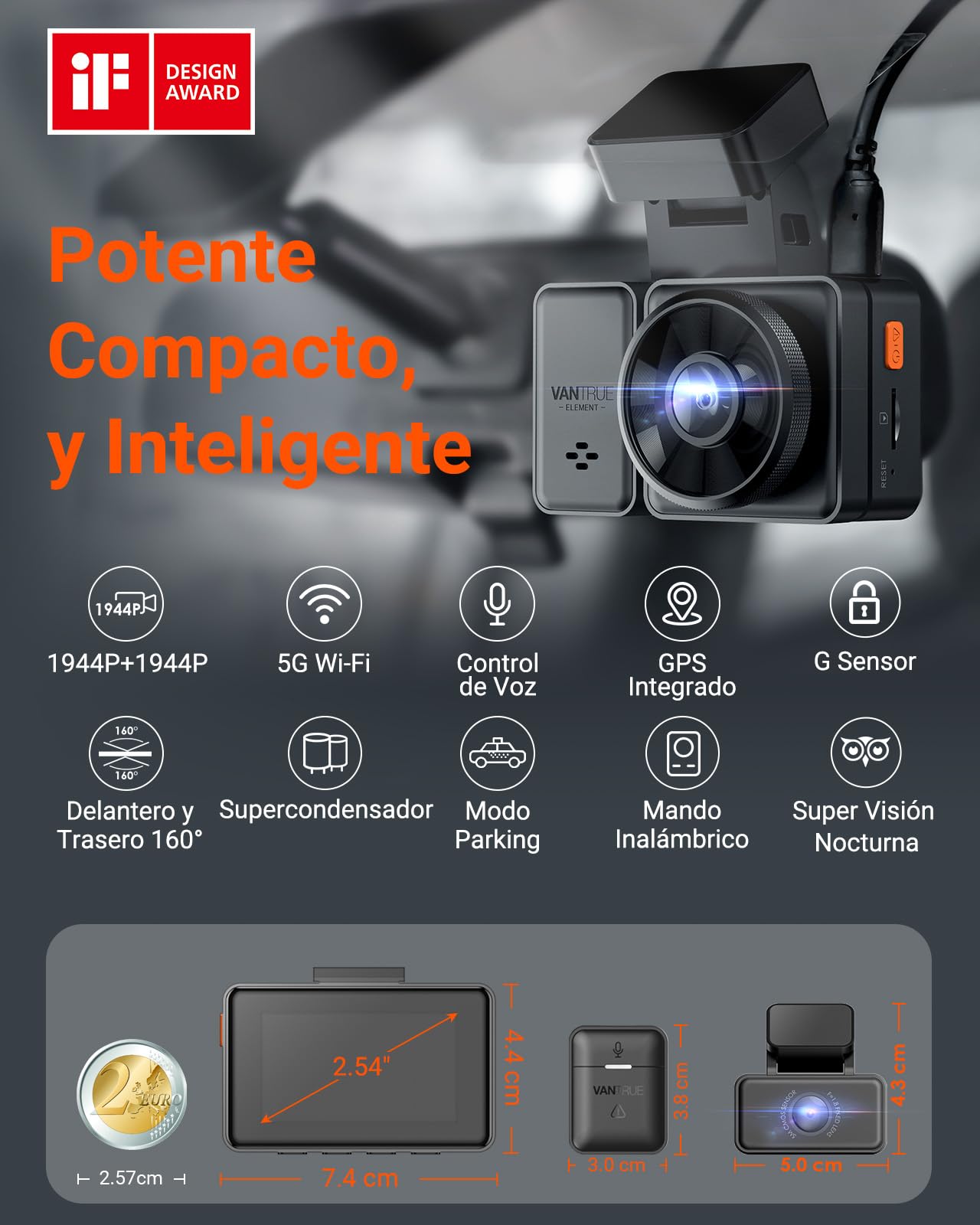 VANTRUE E2 1944P+1944P Cámara de Coche 5GHz WiFi GPS, inalámbrica y controlada por Voz Trasera Delantera, WDR Night Vision Buffer Parking Mode Car Camera, 2.45 Pulgadas 320 °, 512GB máximo