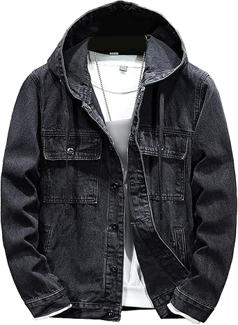 Men Long Sleeve Hooded Jean Coat Cotton Lightweight with Hood Jackets Slim-Fit Vintage Denim Jacket