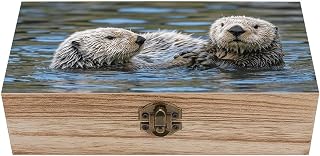 Small Wooden Storage Box with Lid - 7.9x3.9x2.3 Inch Two Couple Otter Jewelry Box Vintage Keepsake Boxes Portable Jewelry Organizer Wood Trinket Box for Photos, Letters, Gifts