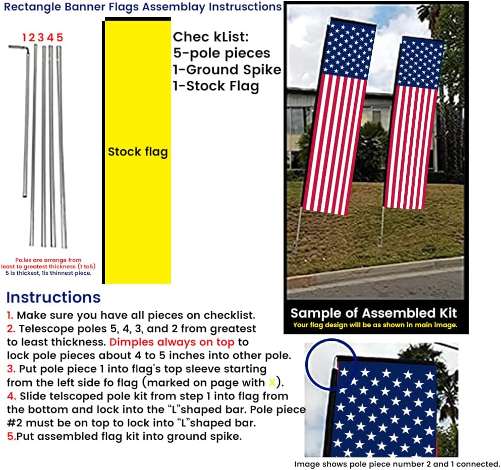 USA American Flag (50 Stars on Top) Outdoor Banner with 15' FT Rectangle Pole Kit & Ground Spike- Harware inclucded