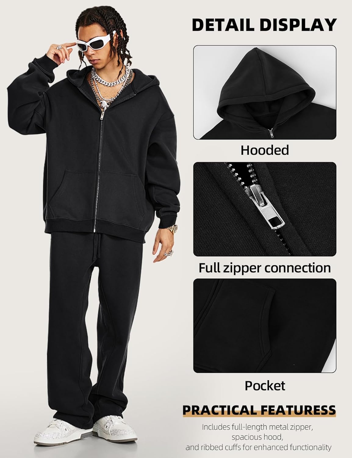 Gihuo Men's Fleece Zip Up Hoodie Full-Zip Hooded Sweatshirt Jacket Casual Streetwear - Image 5