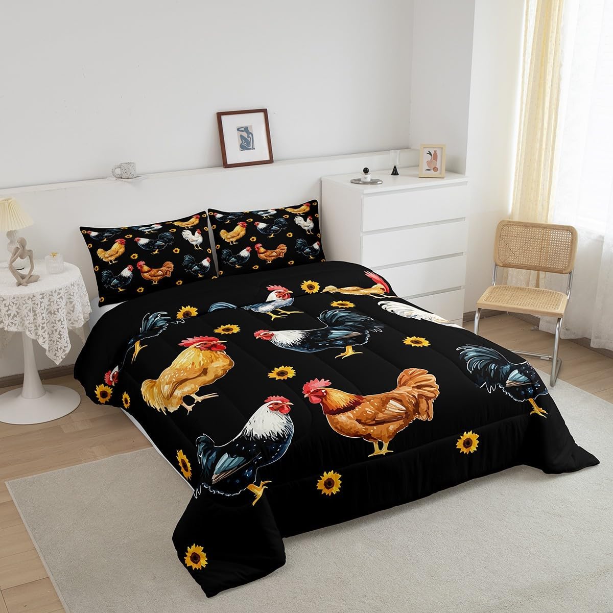 Feelyou Cute Chicken Comforter Set Sunflower Farmhouse Animal Comforter for Kids Teens Farm Chickens Animal Bedding Set Chick Comforter Room Decor 3Pcs with 2 Pillow Case King Size Boys