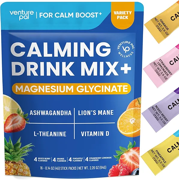 Venture Pal Calming Powdered Drink Mix, Magnesium Glycinate, Ashwagandha, L-Theanine,Vitamin D, Lions Mane, Sugar Free Magnesium Supplement Blend for Relax & Focus, Non GMO, Vegan, On The Go