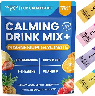 Venture Pal Calming Powdered Drink Mix, Magnesium Glycinate, Ashwagandha, L-Theanine,Vitamin D, Lions Mane, Sugar Free Magnesium Supplement Blend for Relax & Focus, Non GMO, Vegan, On The Go