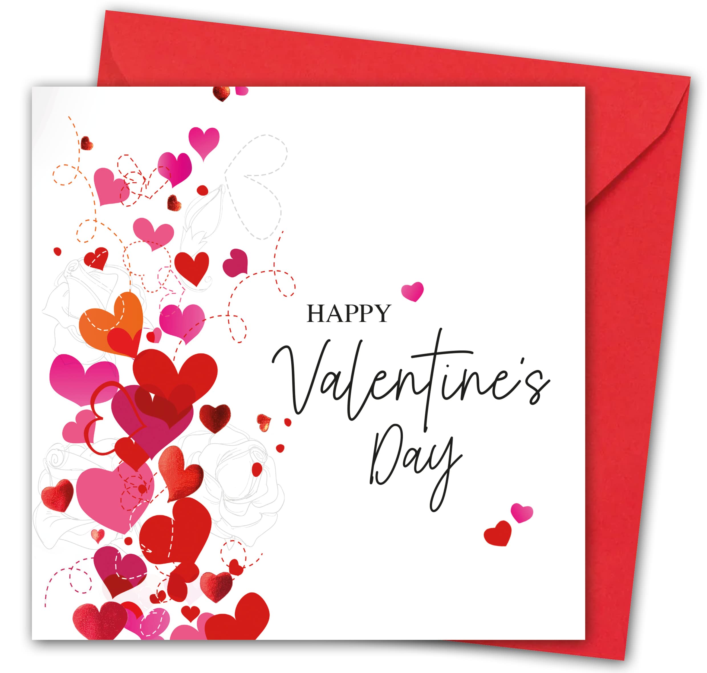 Valentines Card. "Hearts & Roses" Design. Eco-Friendly. 4pp 150x150mm Size. Valentine's Card with Red Envelope. Verse Inside. Printed and Packed in UK.