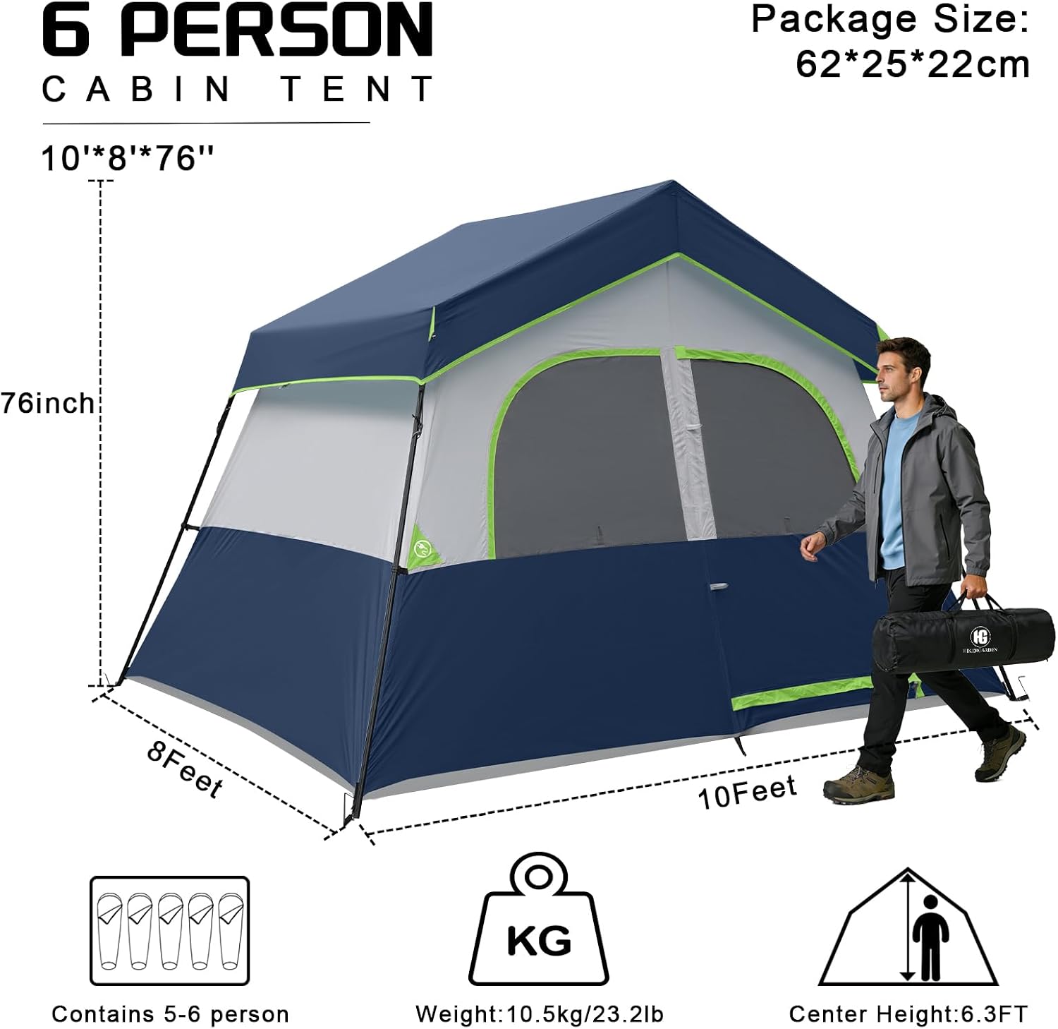 HG 6-8 Person Camping Tent, Portable Cabin Tent for Camp, Windproof Fabric Easy Set Up Family Tent Outdoor for Hiking, Backpacking, Traveling