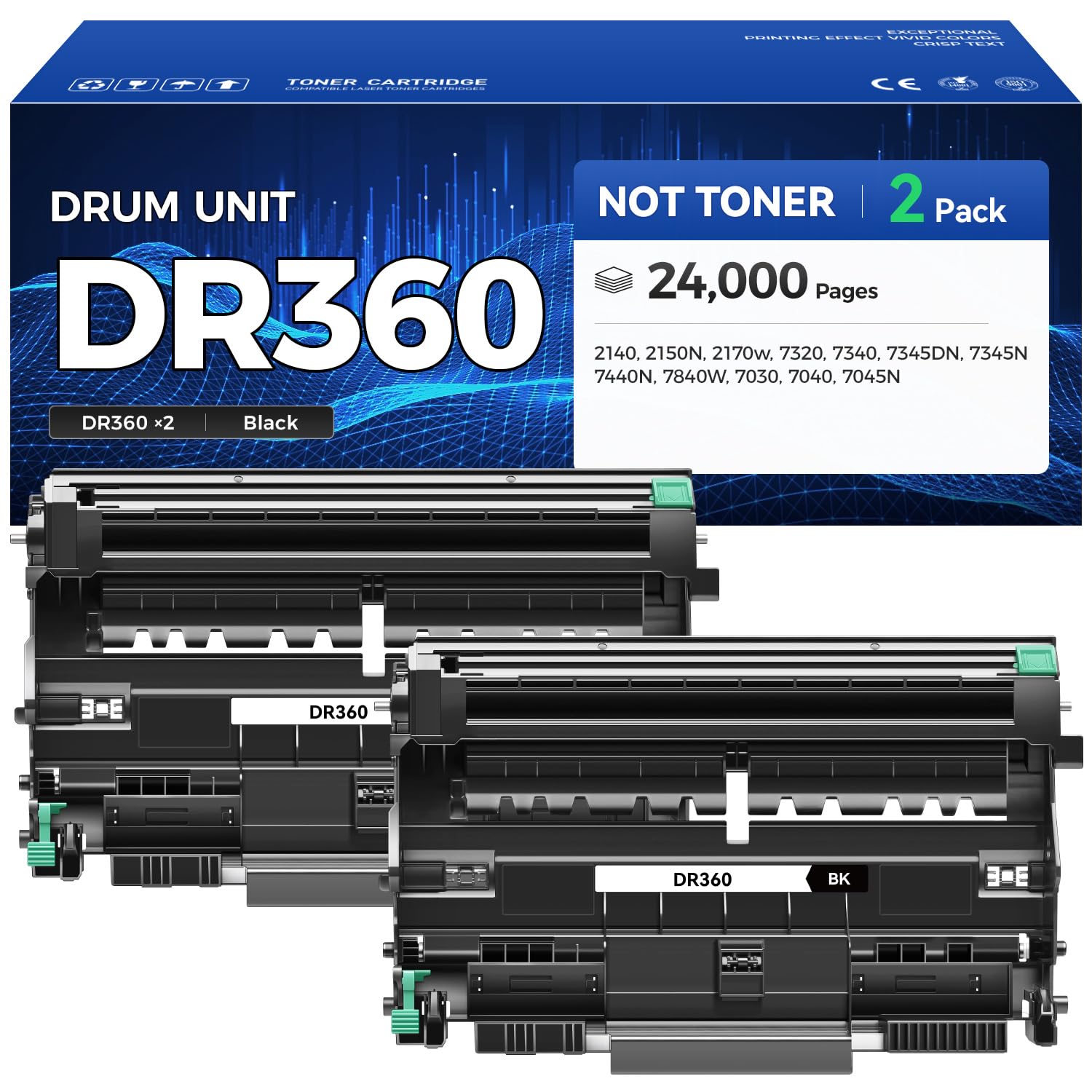 DR360 Drum Unit (Not Toner) 2-Pack Replacement for Brother DR-360 Imaging Drum Compatible with DCP-7040 DCP-7030 DCP-7045N MFC-7840W MFC-7340 MFC-7440N HL-2140 HL-2170W HL-2150N Printer Ink