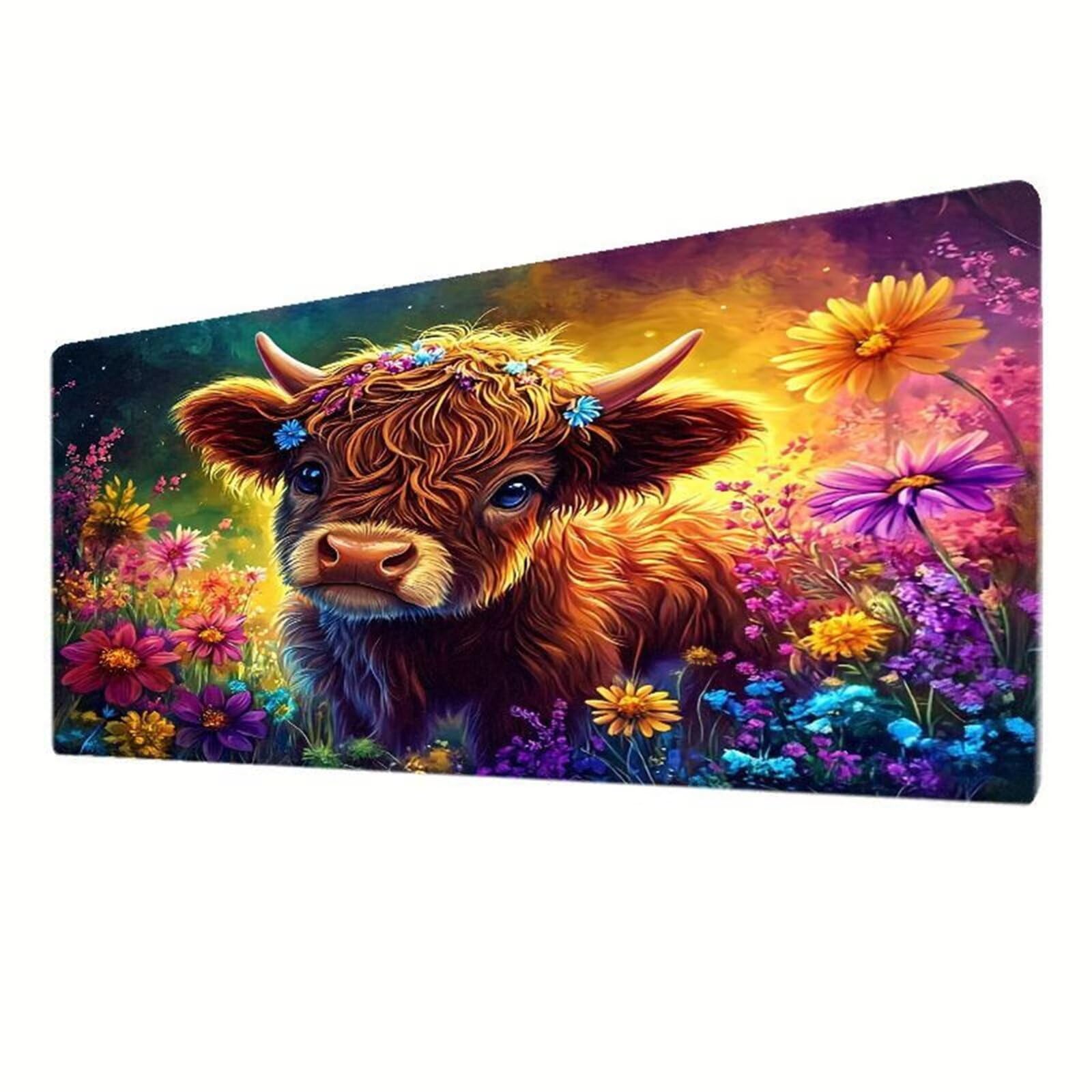 Tappetino Mouse Gaming XXL 1200x600x3 mm, Tappetino da Scrivania Grande, con Bordi Cuciti Rinforzati, Base in Gomma Antiscivolo, Tappetino per Tastiera Lavabile per PC e Laptop, Animali Mucche Fiori