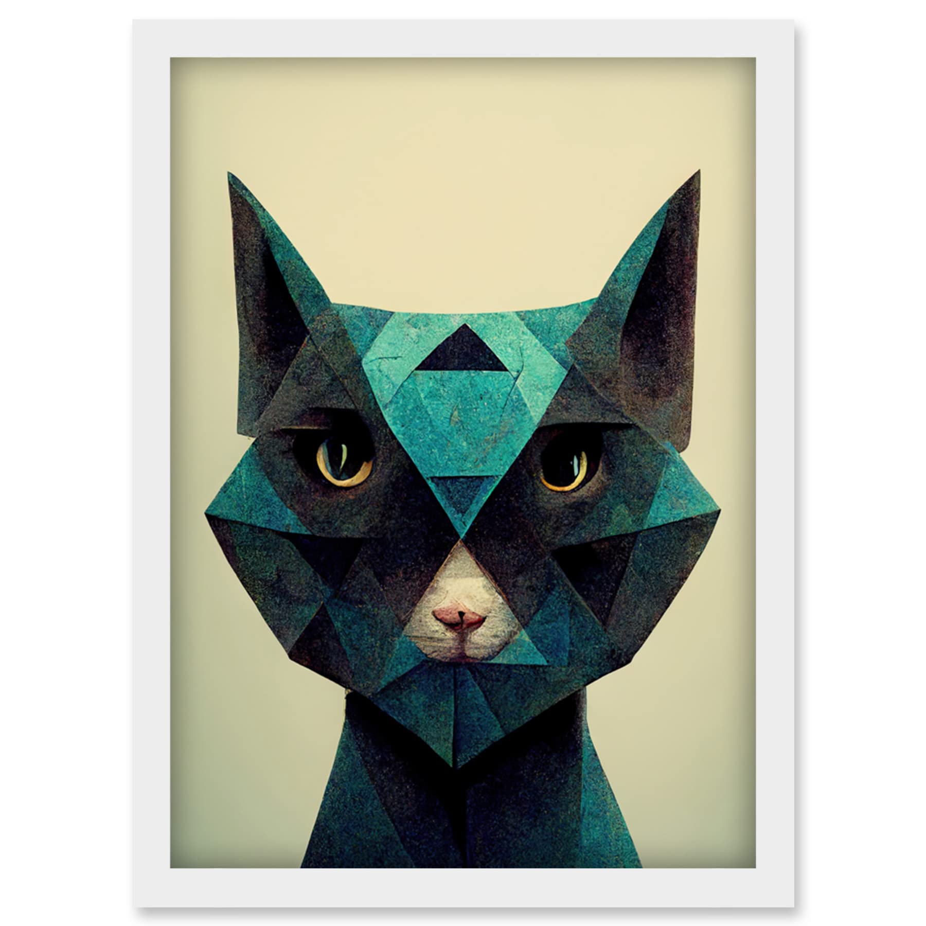 Doppelganger33 LTD Fun Geometric Teal Cat Artwork Framed Wall Art Print A4