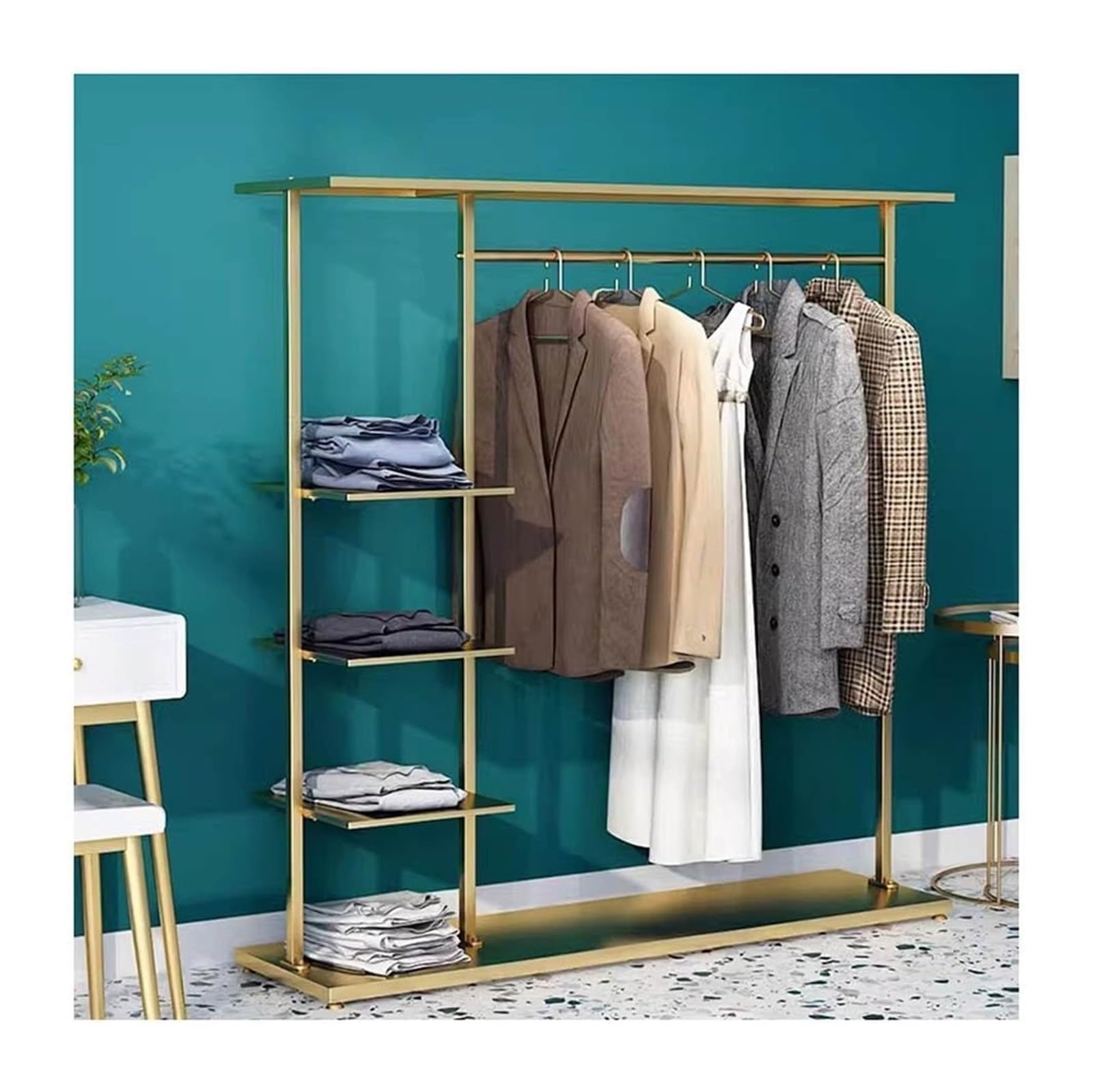 YNBSHGAA Clothes Rail Garment Rack Metal Clothes Rack With 5-Tier Shelves, Heavy Duty Free-Standing Garment Racks Clothing Rack With Shelves Clothes Organizer For Boutique Store,Gold-100x35x155cm