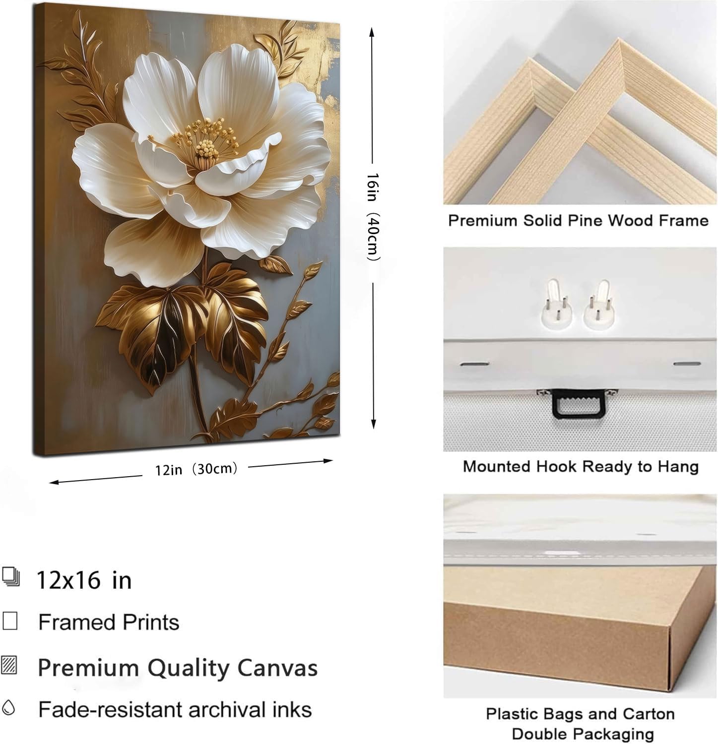 RDXLTOFO Gold Floral Canvas Wall Art 12Inx16In Ready to Hang | White 3D Flower Painting Luxury Modern Botanical Poster Prints For Bedroom Bathroom Wall Decor