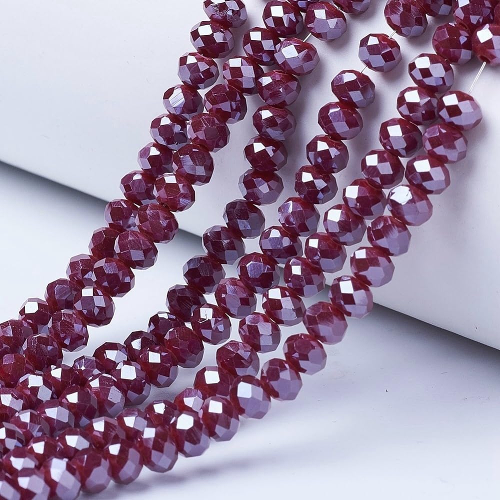 Cheriswelry 8mm Rondelle Glass Beads 10 Strands Faceted Spacer Beads Electroplate Abacus Beads Pearl Luster Plated for Jewellery Making, Dark Red