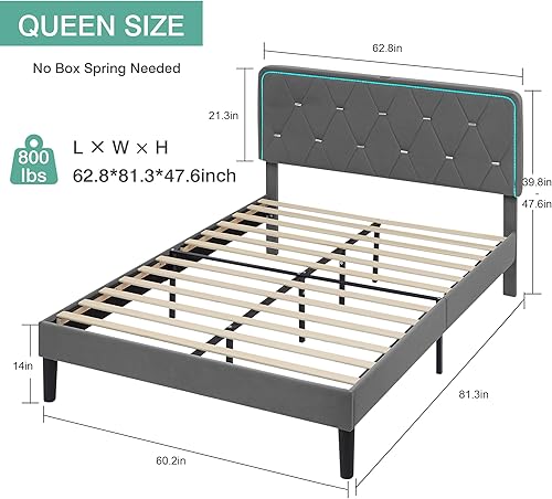 Miniatura 2 de VECELO - Marco tapizado con cabecera ajustable, matrimonial, plataforma de terciopelo con led, estación de carga, base de colchón con listones de