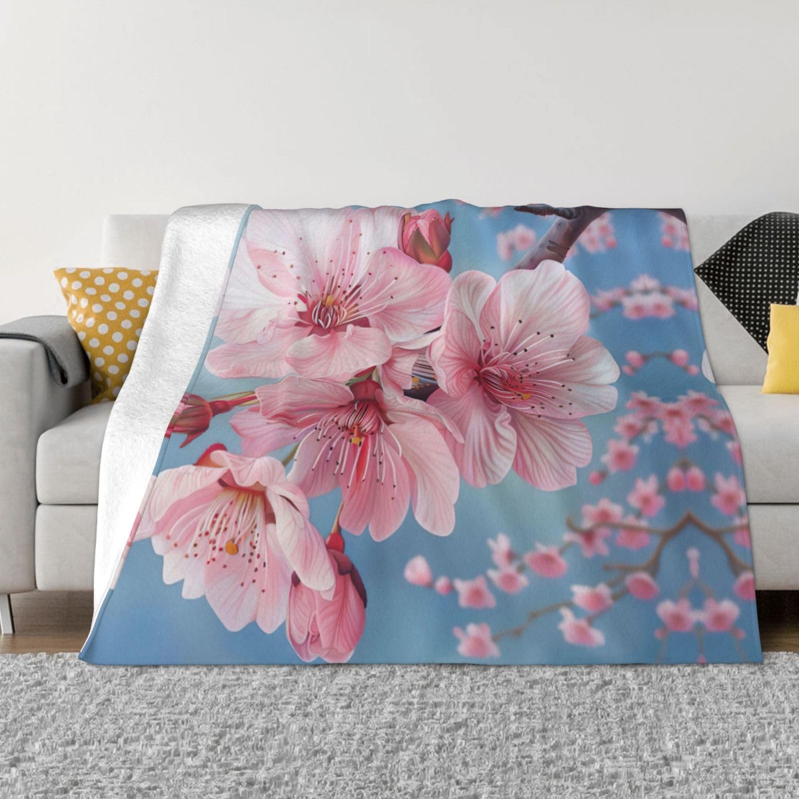 Jeté de lit en flanelle douce plaid fleurs cerisier toutes saisons