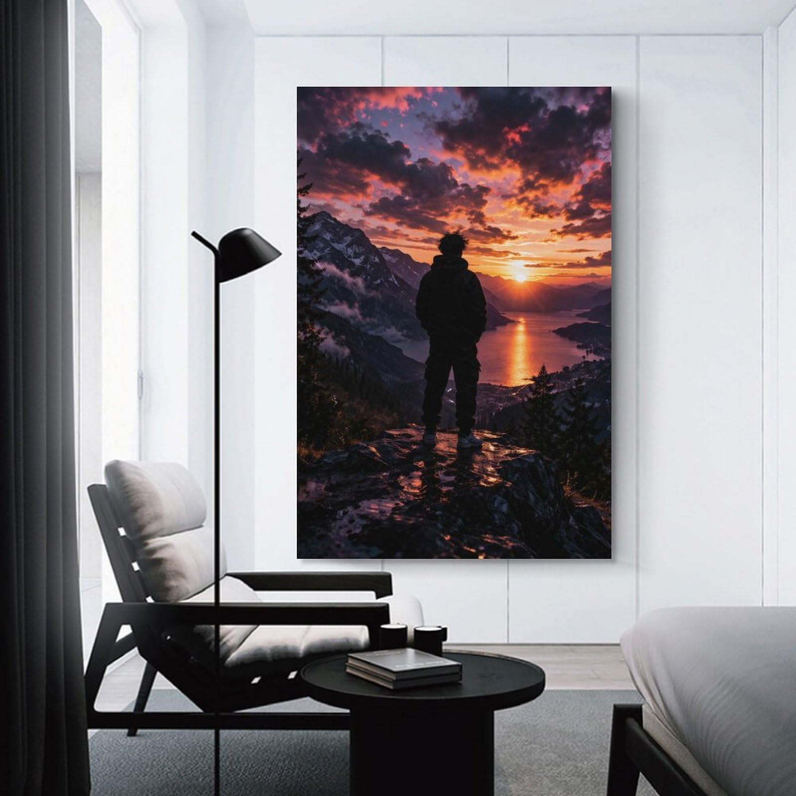 Junmoney Unframe-Style-16 Decorative Wall Artwork Man Watching Sunset Over Lake And Mountains, 24X36inch(60X90cm), For Contemporary Homes, Apartments Or Offices, An Easy Choice For New Home Styling