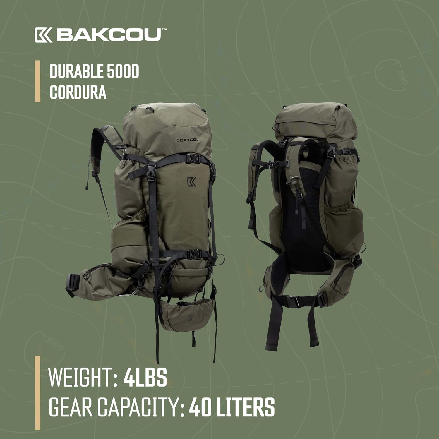 Bakcou - Ridgpak 40L Hunting Backpack - Durable 500D Cordura, Molded Backpanel, Raincover, Hydration Sleeve, Dual Rifle - Scope Pockets