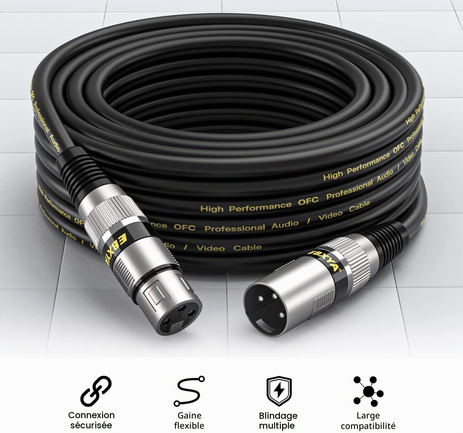 EBXYA - Lot de 4 câbles XLR mâles vers femelles pour système de sonorisation, enregistreur de studio, amplificateur, mixeur - 0,5 m
