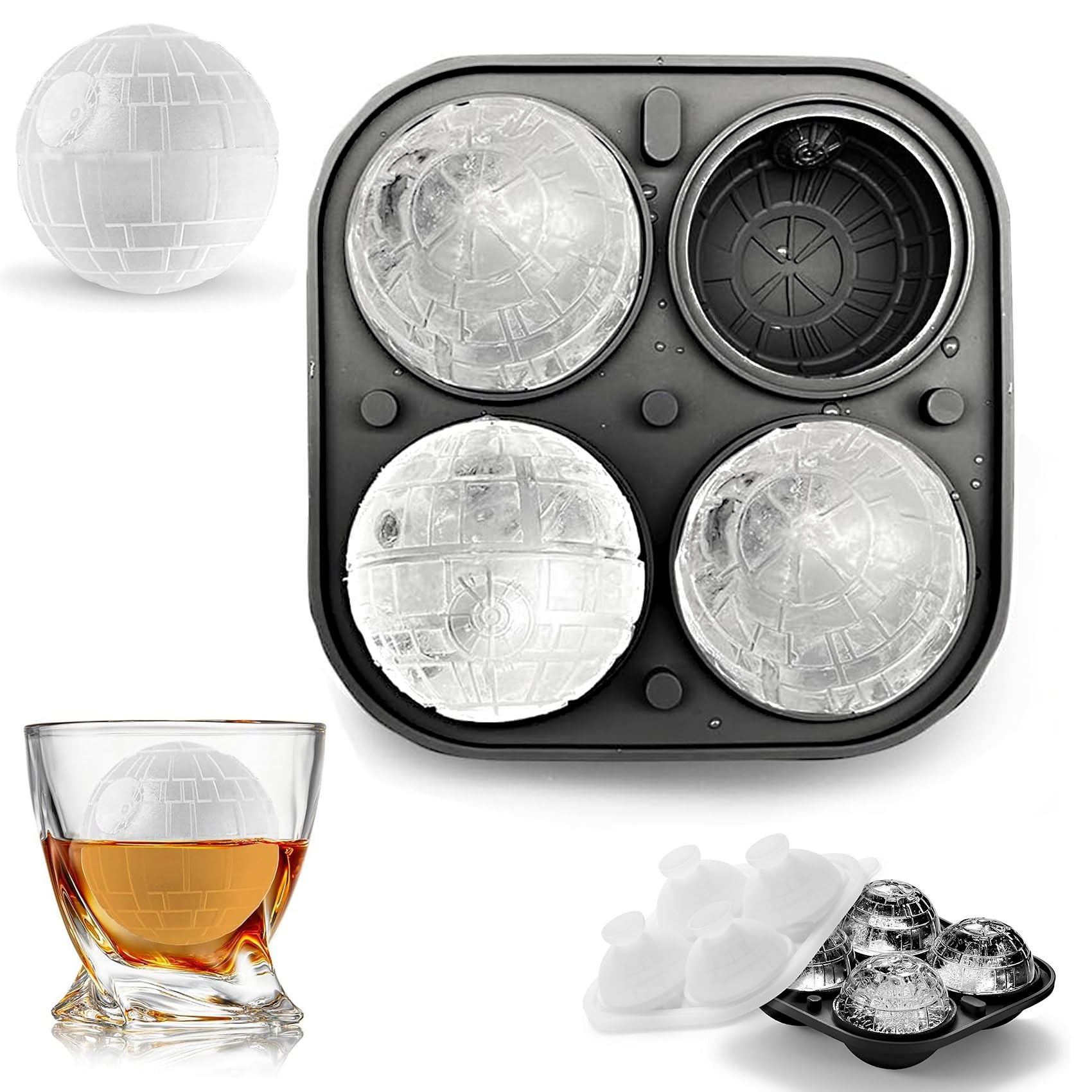 Silicone Ice Cube Tray Death Star Round, 3D Death Star Ball Ice Cube Trays, Reusable Ice Cube Tray with Lid and Funnel, BPA-Free, Easy to Release, for Ice, Whiskey, Cocktail, Juice
