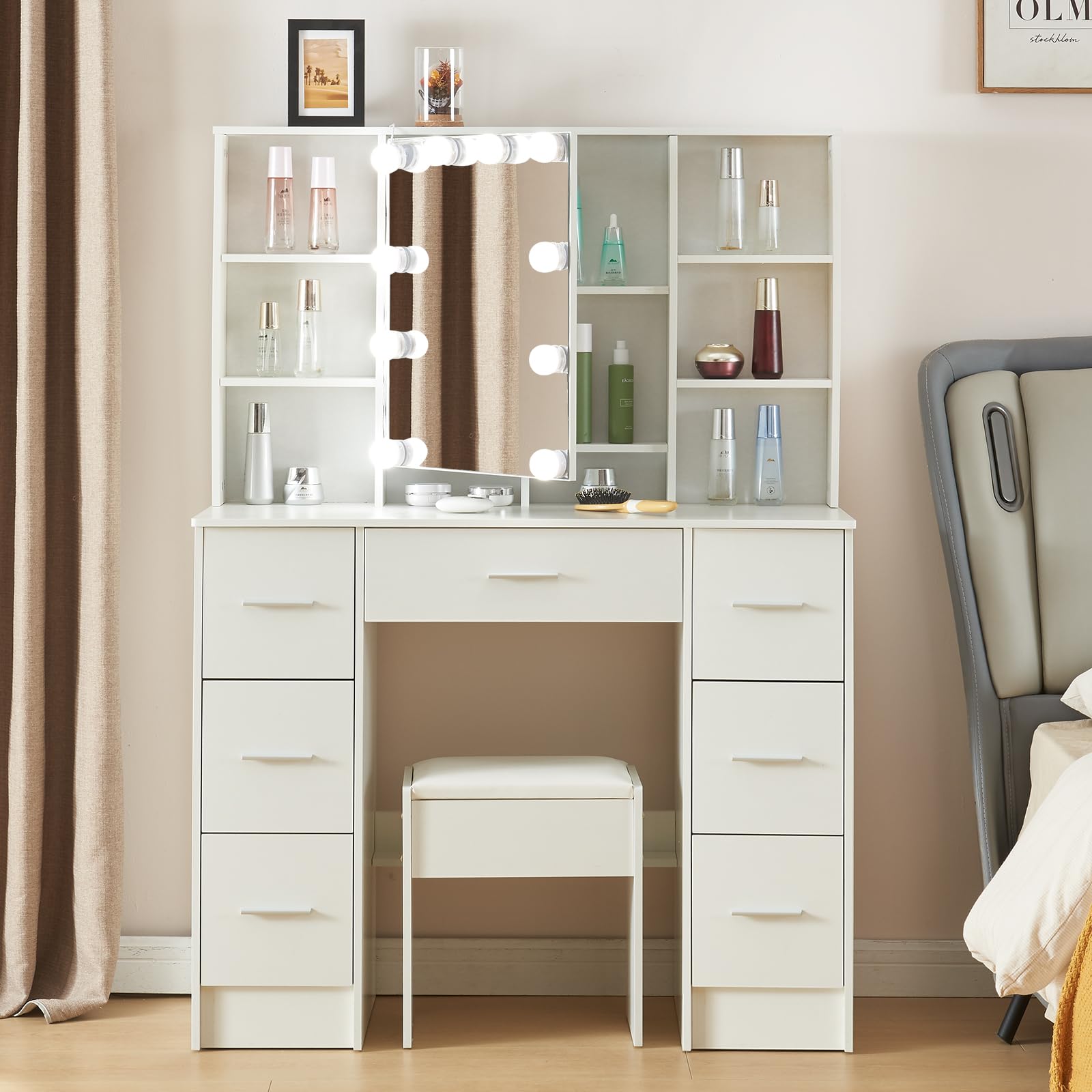 Tocador de Maquillaje con Luz y Taburete, Vanity de Maquillaje de Diseño Moderno con Guía en Vídeo, Mesa de Maquillaje Blanca con 7 Cajones y 6 Estantes, 40x100x140cm, H52047