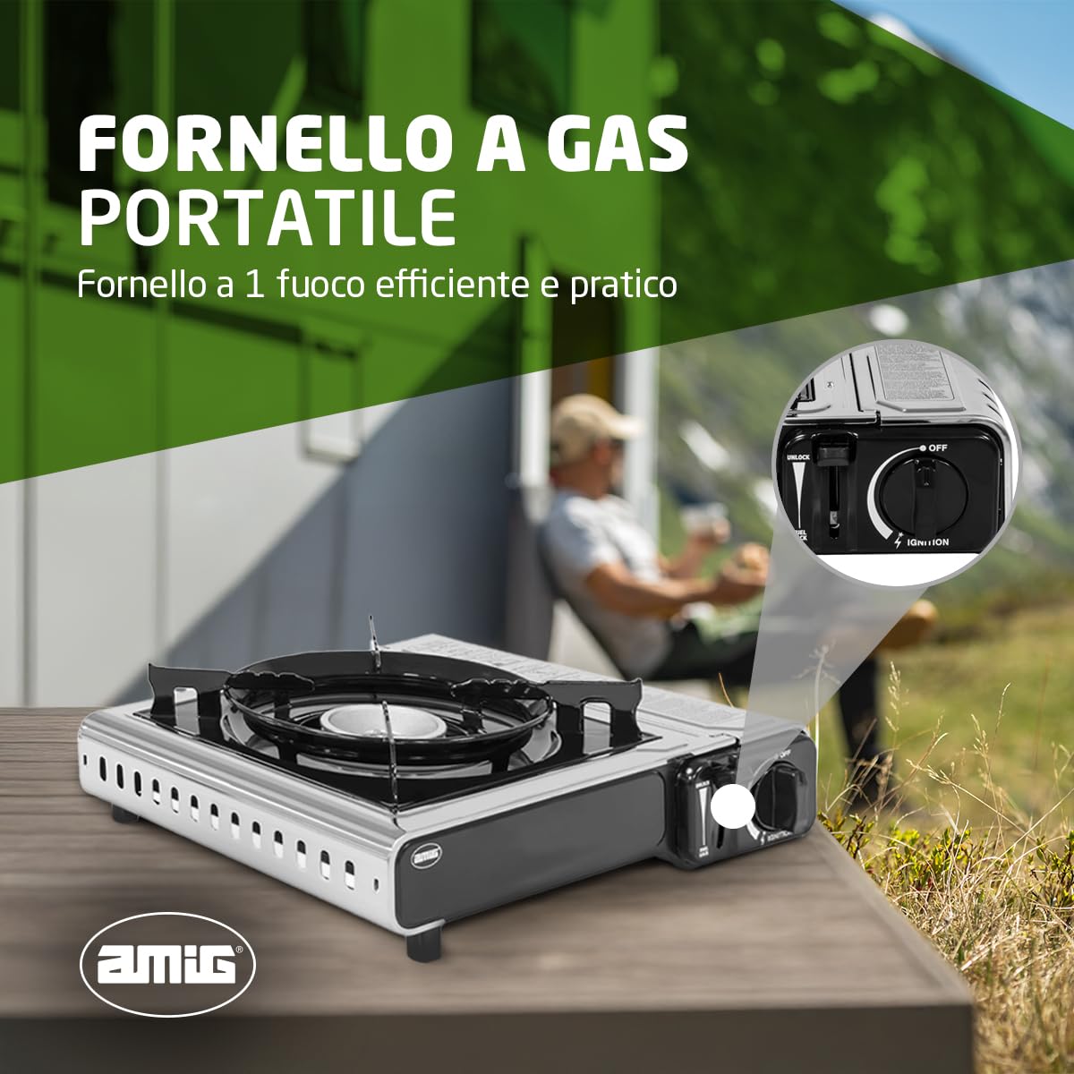 Amig - Fornello da campeggio a gas CAMP01 - Cucina portatile - 2,2 kW di potenza - Paravento e supporto per padella - Certificazione CE - Compatibile con cartucce CP-250 - Per campeggio ed escursioni