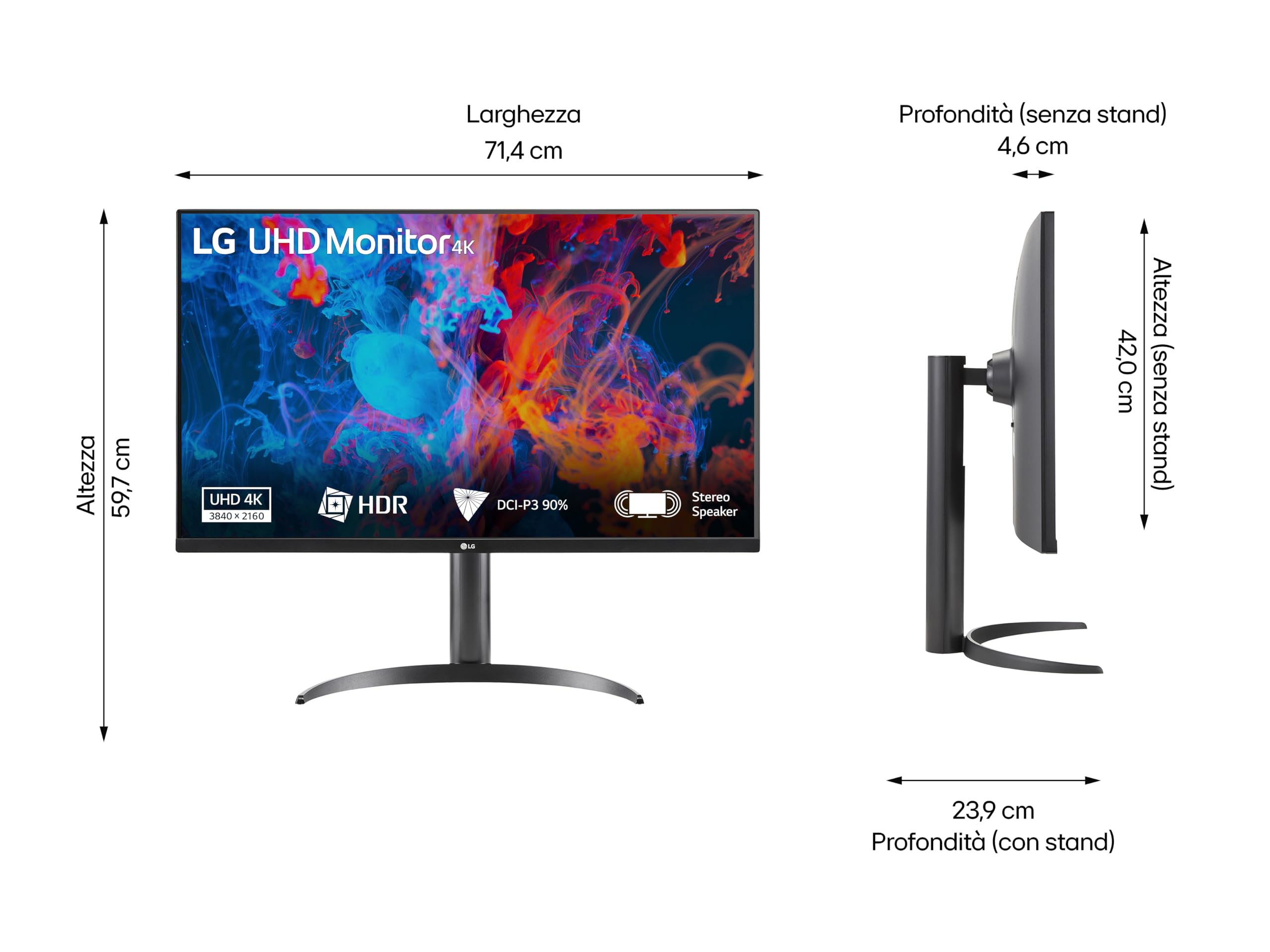 LG 32UR550K Monitor 32" Ultra HD 4K, 3840x2160, HDR 10, DCI-P3 90%, Speaker Stereo 10W, 60Hz, 4ms, FreeSync, HDMI 2.0, DisplayPort, Uscita Cuffie, Stand Pivot, Nero | DCI-P3 90%, UHD 4K (3840 x 2160), altezza regolabile, HDR10, HDMI 2.0, altoparlanti 5W x