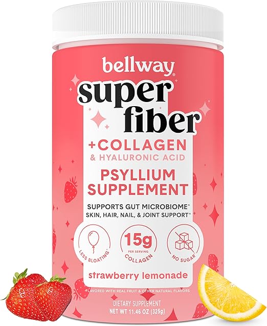 Bellway Super Fiber Powder + Collagen, Sugar-Free Psyllium Husk Powder with Collagen Peptides and Hyaluronic Acid for Gut Health, Healthy Skin, Nails, Bones & Joints, Strawberry Lemonade (11.46 oz)