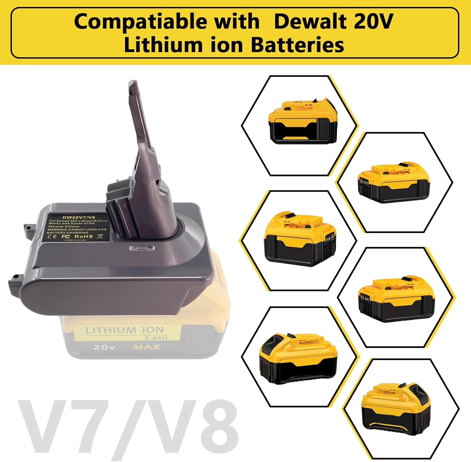 Upgrade for V7+V8 Battery Adapter, for DeWalt 20V Max Battery Convert for Dyson V7/V8 Series Vacuum Cleaner (V7 V8 Common)