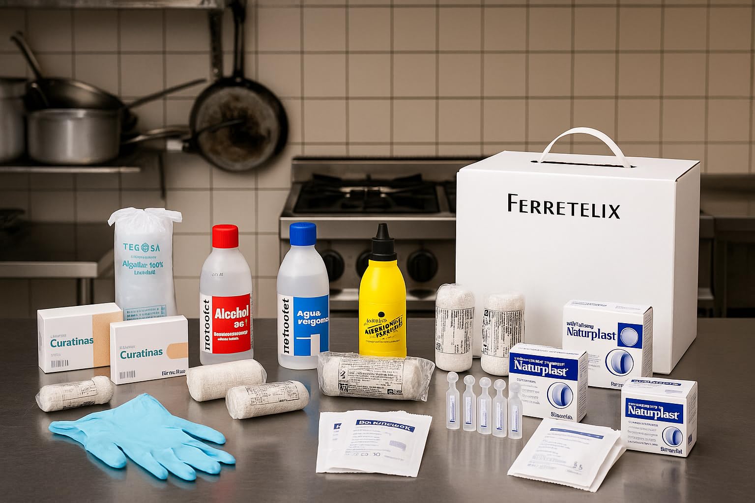Ferretelix®, Kit reposicion Armario/maletin botiquin primeros auxilios con productos homologados cumpliendo la normativa CE Fabricado en España