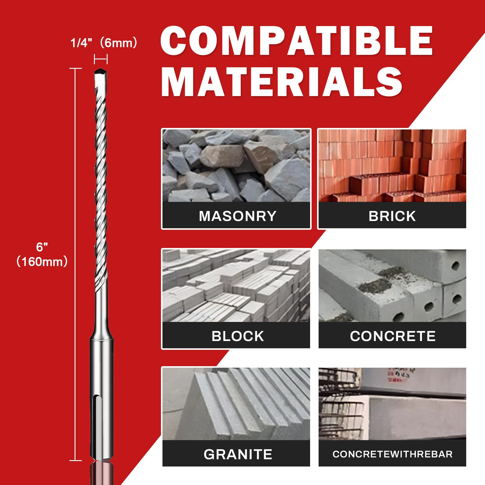 Keewaki SDS Plus Rotary Hammer Drill Bit Set, 10-Piece 6mm x160mm Concrete Masonry Drill Bits for Brick Cement & Stone - Image 4