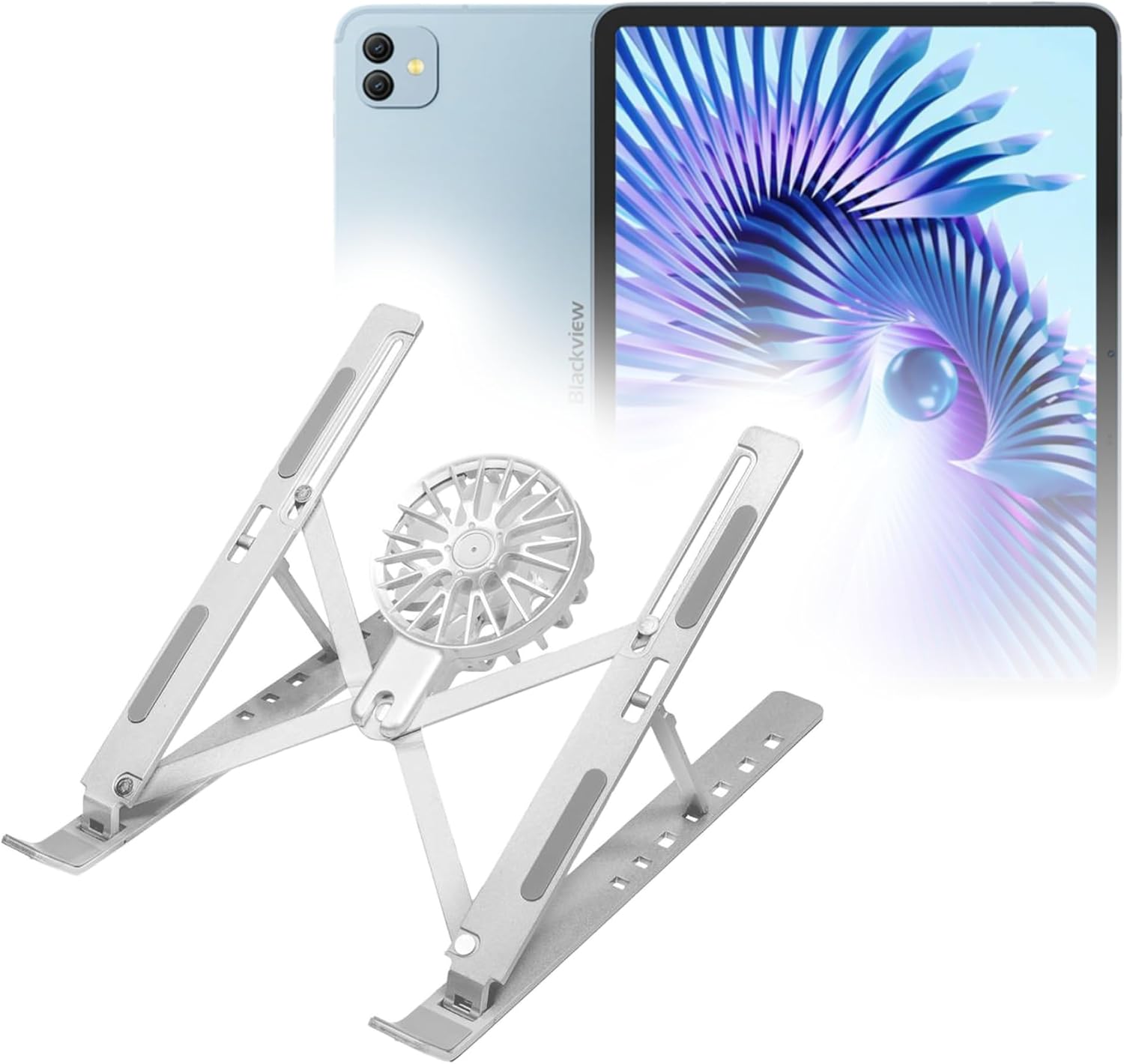 BoxWave Stand and Mount Compatible with Blackview Link 8 - QuickSwitch Stand with Cooling Fan, Portable, Multi Angle Viewing Ventilator - Metallic Silver