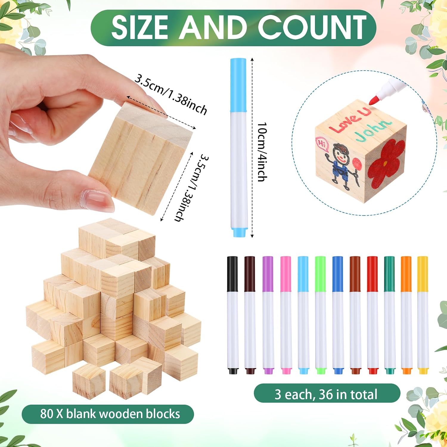 117 Pcs Baby Shower Block Games Sign Kit Including baby shower game sign 80 DIY Blank Wooden Blocks 36 Acrylic Markers for Guests Party(36 Colors,Leaves)