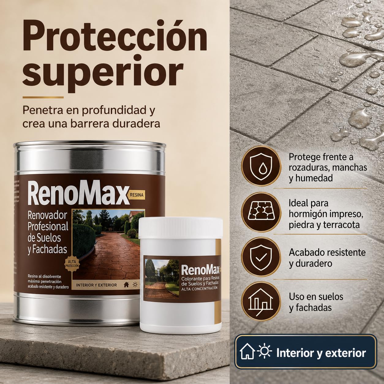 Renomax - Resina Hormigon Impreso y Superficies Porosas Al Disolvente + Tinte Hormigon Impreso Color Cuero, 5L Cubre hasta 50m² | Repara y Protege Suelos,Fachadas | Fácil de Aplicar, Garantía 5 Años
